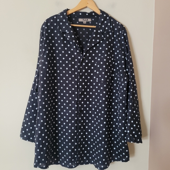 Flax Tops - FLAX Women's Linen Oversized Black Polka Dot Button Down Shirt Top Lagenlook 1G